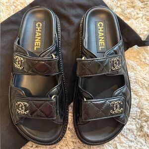 Chanel Lambskin Quilted Velcro Dad Chain CC Slide Sandals 37C Black